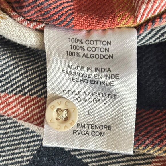 RVCA Telltale Shirt Red Ochre Plaid Long Sleeve Flannel Shirt L Regular Fit - Picture 7 of 8